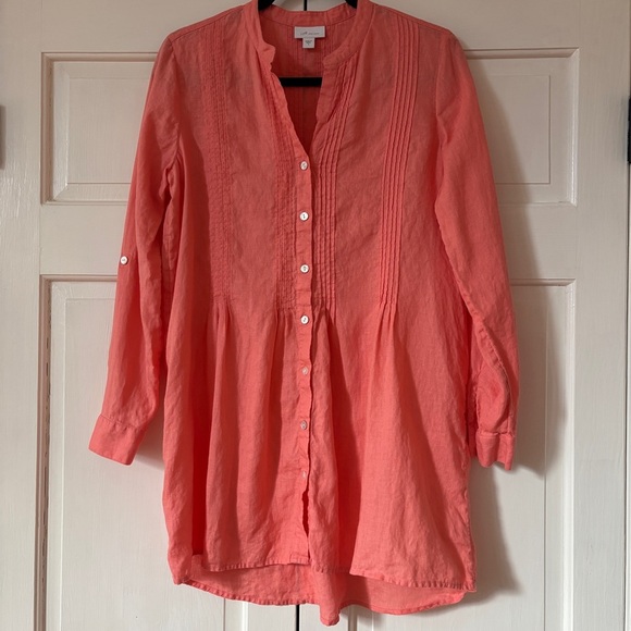J. Jill Linen Coral Orange Button Down Pleated Tunic Size Small Vacation Coverup - Picture 1 of 11